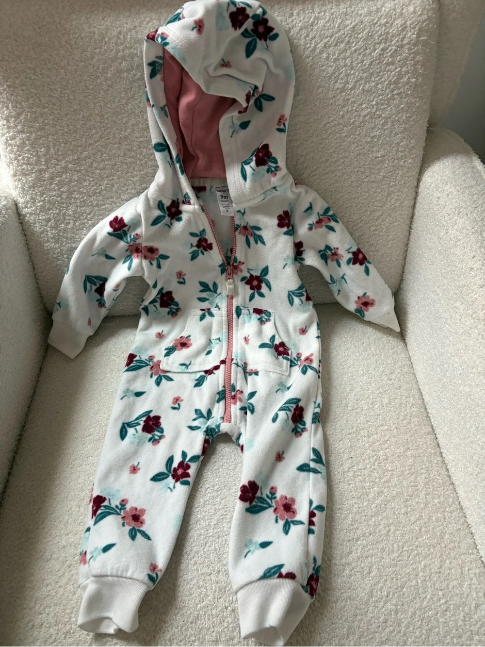 Carter's White Floral Hooded Fleece One-Piece with Pink & Teal Flowers